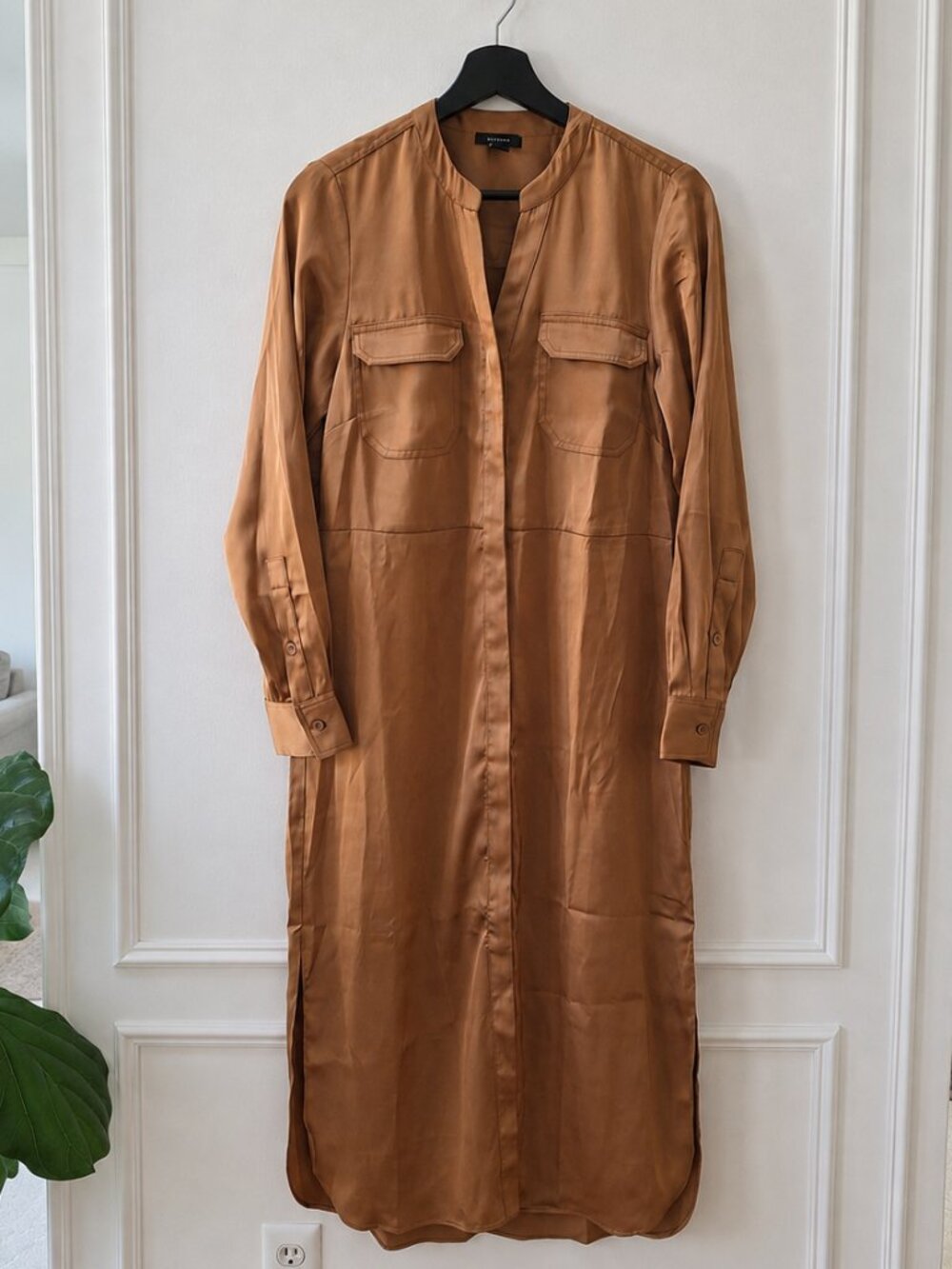Brown Satin Shirt Dress, Midi, XS | Hidden Button | Cognac Brown | Long Sleeve